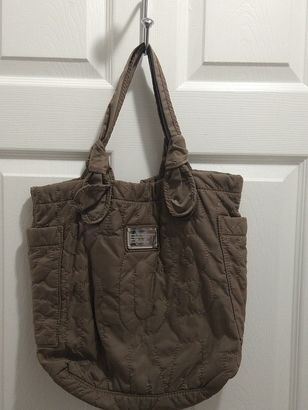 Quilted Taupe Tote Bag with Logo Plate